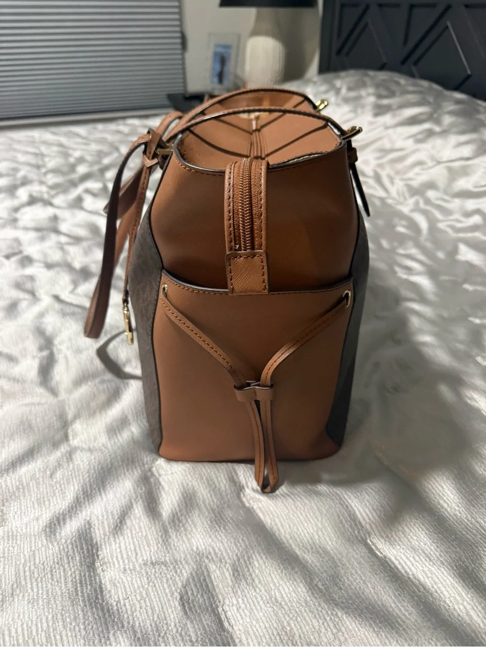 Michael Kors Brown and Tan Signature Logo Tote with Gold Charm